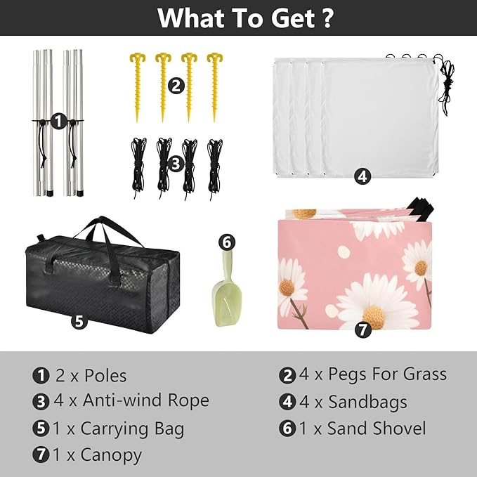 Daisy Pattern Pink Beach Tent Sun Shelter 9.2' x 10.5' Beach Canopy with 4 Sandbags 4 Stability Poles Sand Shovels - Tent Canopy for Beach Camping Fishing Picnics