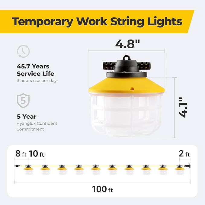 100FT 150W Ultra-Bright 21000 lumens Linkable Construction String Lights: Industrial Outdoor/Indoor Temporary Hanging Led Work Light for Attic Jobsite Garage Shop Lighting