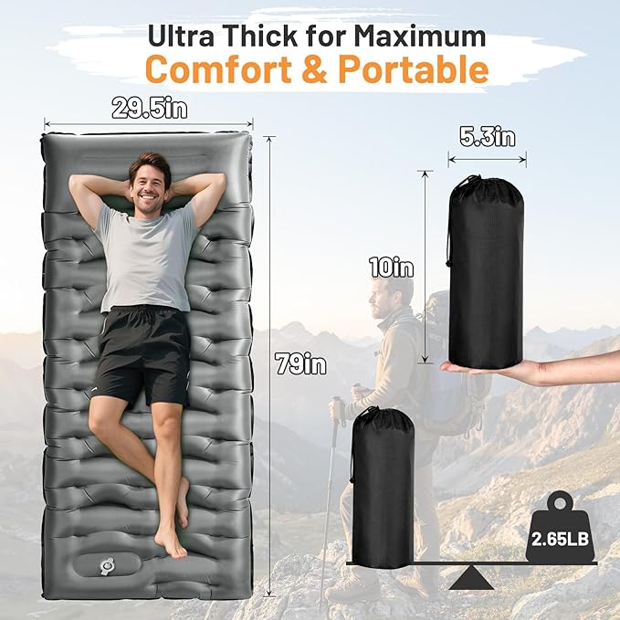 KASBAH Camping Sleeping PadExtra Wide 6 inch Thick Inflatable Sleeping Pads with Built-in Foot Pump and PillowUltralight Camping Mat Gear for Outdoor HikingCamping