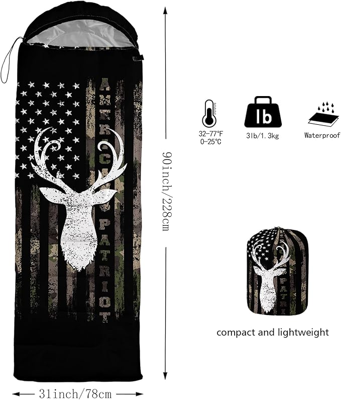 Axolotl Deer Camo Sleeping Bag Deer Antlers Army Camouflage Camping Bag in Warm Cold Weather US Flag Wild Animal Hunting Waterproof Backpacking for Traveling Outdoor Camping Gear Gear Equipment