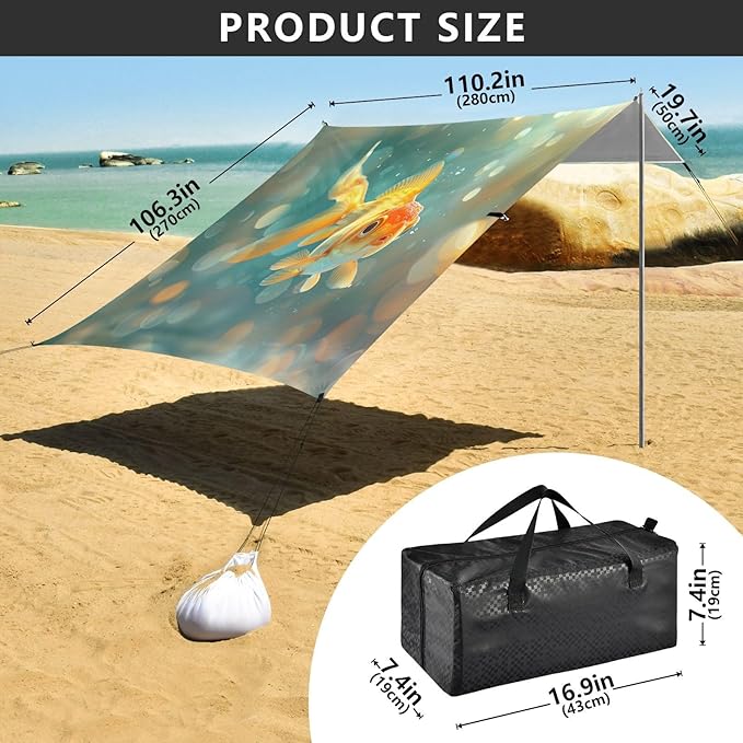 Goldfish Pattern Beach Tent Sun Shelter 9.2' x 10.5' Beach Canopy with 4 Sandbags 4 Stability Poles Sand Shovels - Tent Canopy for Beach Camping Fishing Picnics