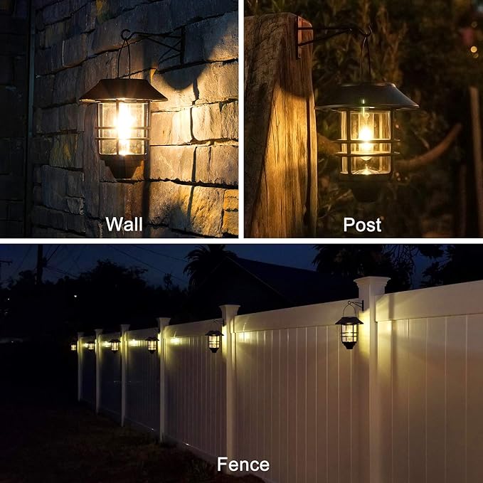 Solar Lantern Outdoor Lights Hanging Waterproof Lantern Lights with Wall Mount Kit for Garden Porch Fence 2 Pack