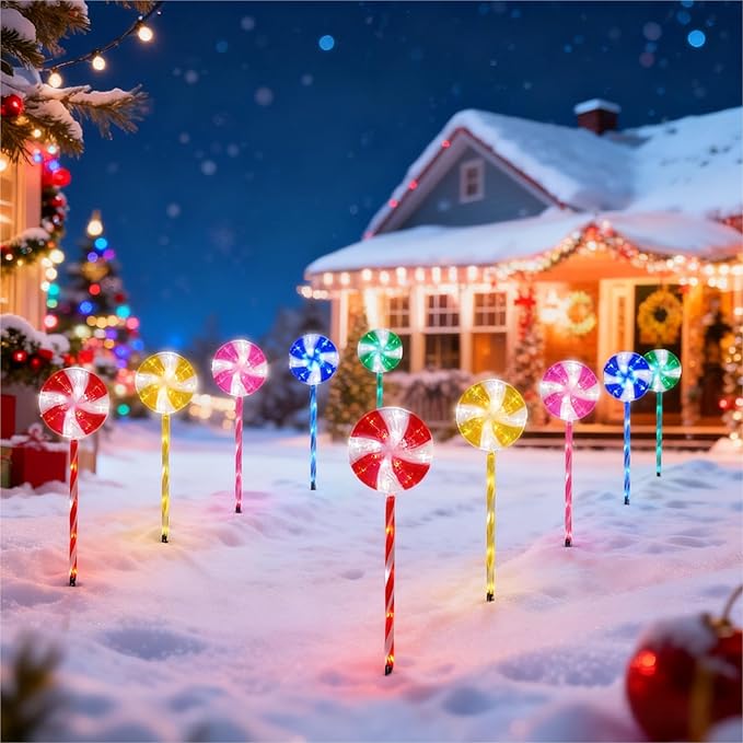 BRIGHTDECK Lollipop Solar Christmas Pathway Lights Outdoor 10 Pack LED Christmas Decor with 8 Lighting Modes Light Up Solar Stake Lights for Holiday Xmas Walkway Sidewalk (Multicolour 10 PCS)