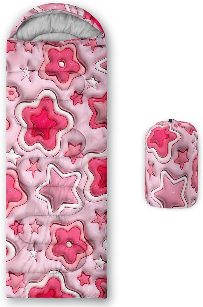 Kids Sleeping Bag for Boys Girls3D Pink Stars Print-Lightweight Warm Portable Outdoor Indoor-Waterproof Cold Weather Resistant Sleeping Bag for Camping Hiking
