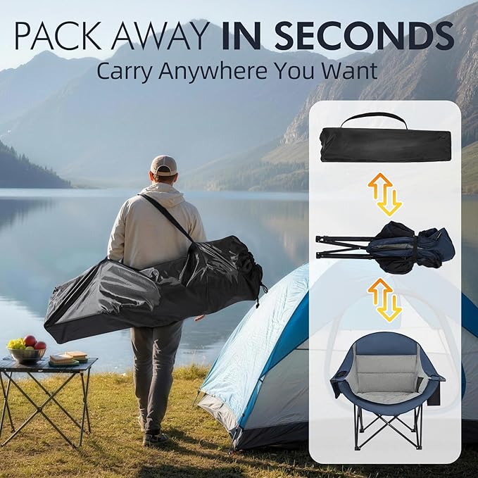 Oversized Camping Chairs for Adults - Heavy Duty Padded Outdoor Folding Lawn XL Camp Chair with Cup Holder Cooler Pockets for Sports Beach Fishing Garden Portable Supports 500lbs Blue/Grey