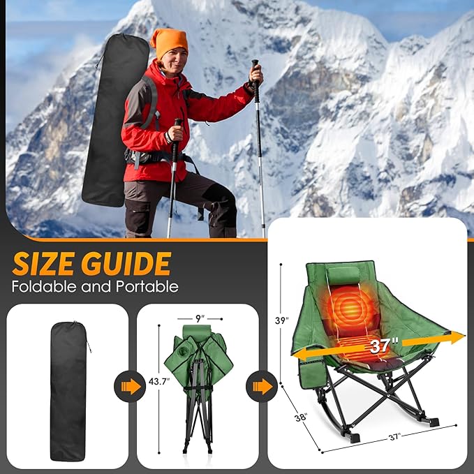 Suteck Heated Rocking Camping Chair XL Oversized Rocking Chair Outdoor with 3 Heat Levels for Back and Seat Heated Chairs Outdoor Sports for Patio Lawn Picnic Travel Power Bank（Not Included）