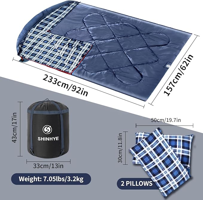 ShinHye Double Sleeping Bag for Adults with 2 Pillows Camping Sleeping Bags Flannel Cotton 2 Person Sleeping Bags XXL Queen Size Sleeping Bag for Cold Weather