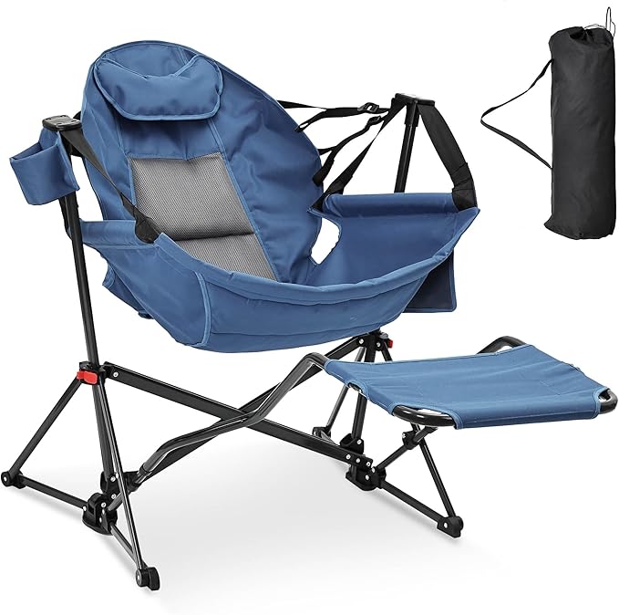 Ainfox Hammock Chair with Footrest Oversized Swinging Portable Folding Camping Chairs for Adults Outside Swinging Camp with Cup Holder Pillow for Outdoor Patio Lawn Dark Blue