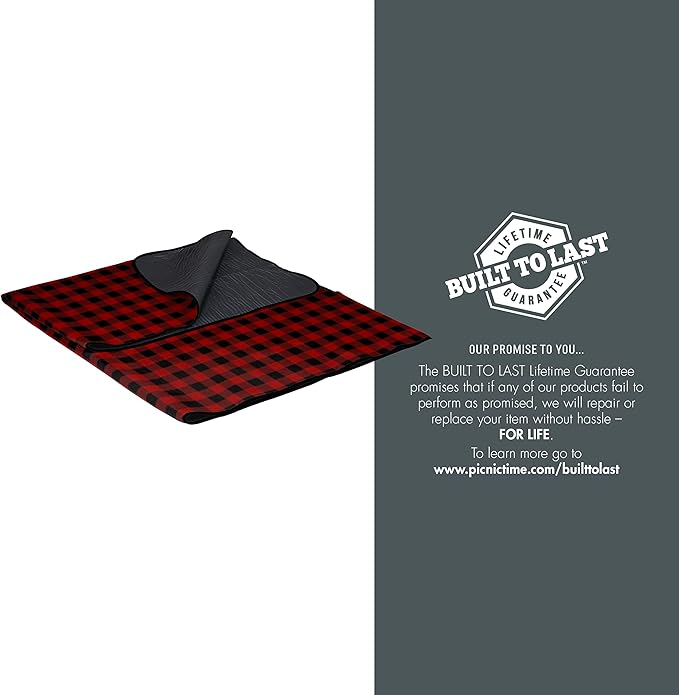 PICNIC TIME Outdoor Picnic Blanket Tote 59x51 Foldable Beach &amp Camping Blanket with Soft Fleece Water-Resistant Bottom Adjustable Strap &amp Zippered Pocket (Red &amp Black Buffalo Plaid)