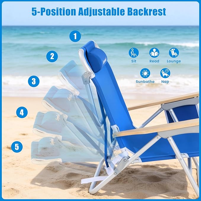 SUNNYFEEL Low Back Folding Beach Chair Aluminum Heavy Duty Beach Chair with 5-Position Portable Camping Chair for Adults with Wood Armrest Lightweight Camping Chair 300lbs Blue