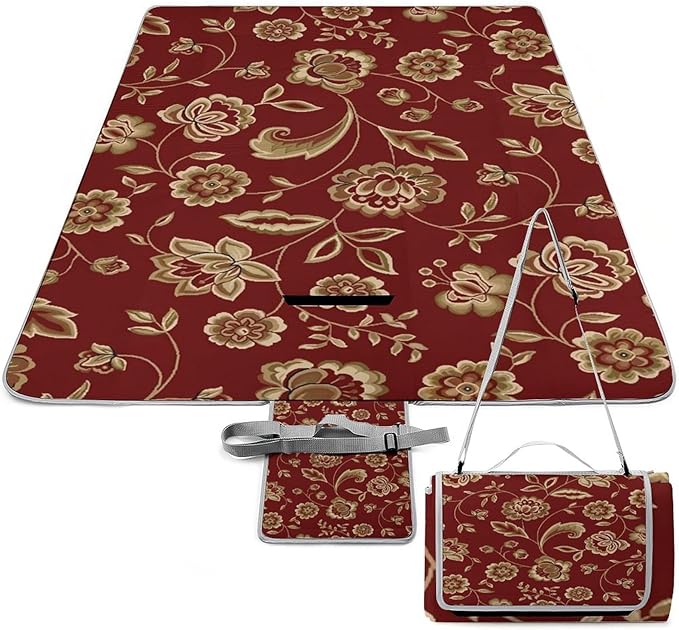 Flower Maroon Gold Floral Classy Burgundy Antique Waterproof Outdoor Picnic Blanket Sandproof Beach Mat for Camping Hiking Grass Travelling