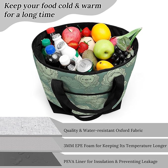 Insulated Shopping BagLarge Reusable Cooler Bags Cabbage Pattern Printed Foldable Shopping BagTravel Waterproof Shoulder Bag