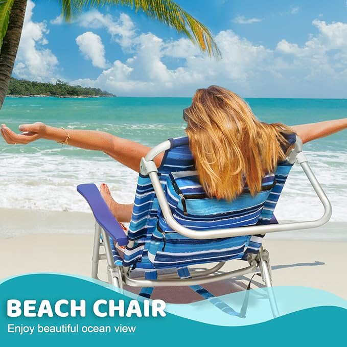 LEMBERI Backpack Beach Chairs for Adults1/2 Pack Folding Heavy Duty Camping Chair with Large Pockets and Cup HolderAdjustable high Beach Lounge Chairs with Towel Rack for OutdoorTravel (2 Blue)