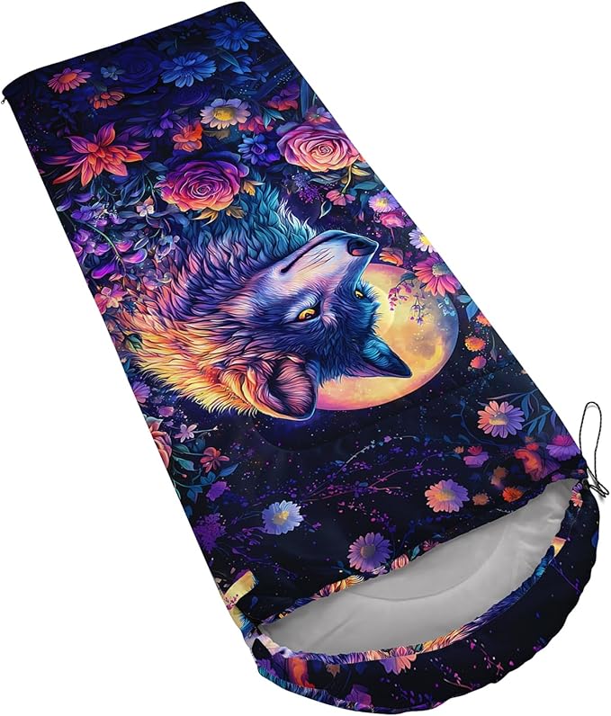 AILONEN Floral Wolf Sleeping Bag for Girls WomenWarm and Cool WeatherLightweightWaterproof BackpackingColorful Flower Animal Print Sleeping Bag for Camping