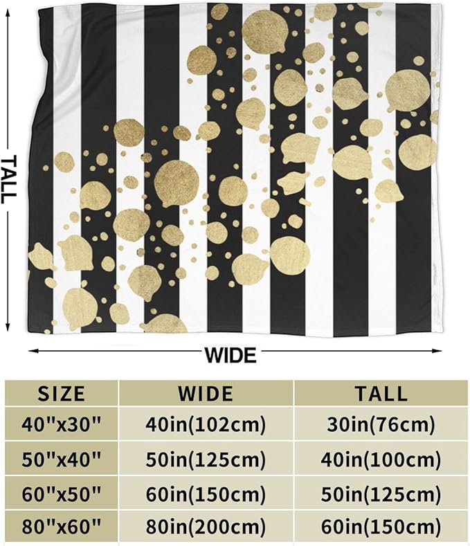 80X60 Faux Gold Paint Splatter On Black &amp White Stripes Lightweight Flannel Blanket - Soft and Breathable Polyester Suitable for Travel Camping and Home Decoration
