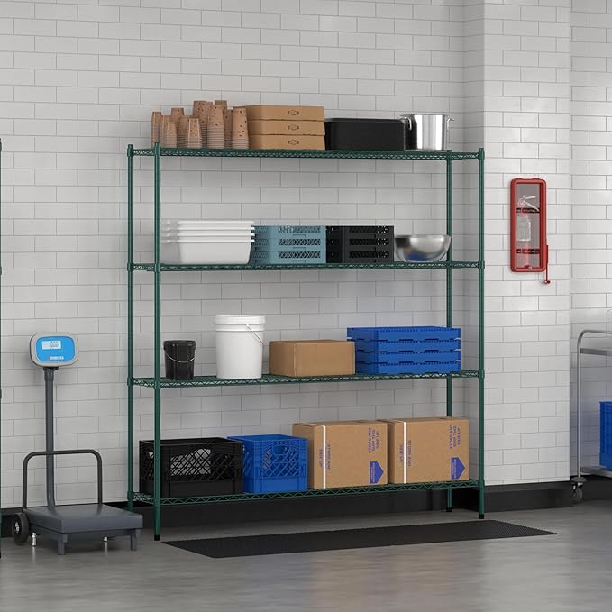 Commercial NSF Listed Green Epoxy Stationary Wire Shelving Kit 14 x 72 x 74 with 4 Shelves Perfect for Warehouse Walk-in Refrigerator Freezer Grocery Store Restaurant Dishroom