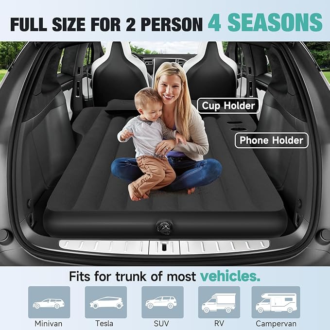 Tesla Model Y Mattress Inflatable SUV Mattress for Portable Camping Mattress Foldable Air Mattress with Air Pump and Storage Bag for Tesla Model Y and SUV Travel Black