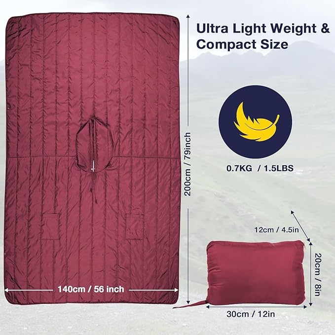 DUKUSEEK Outdoor Wearable Camping Blanket Large Packable Backpacking Hooded Stadium Blankets Lightweight Warm Quilt for Picnic Hiking Football 79X56 Wine Red