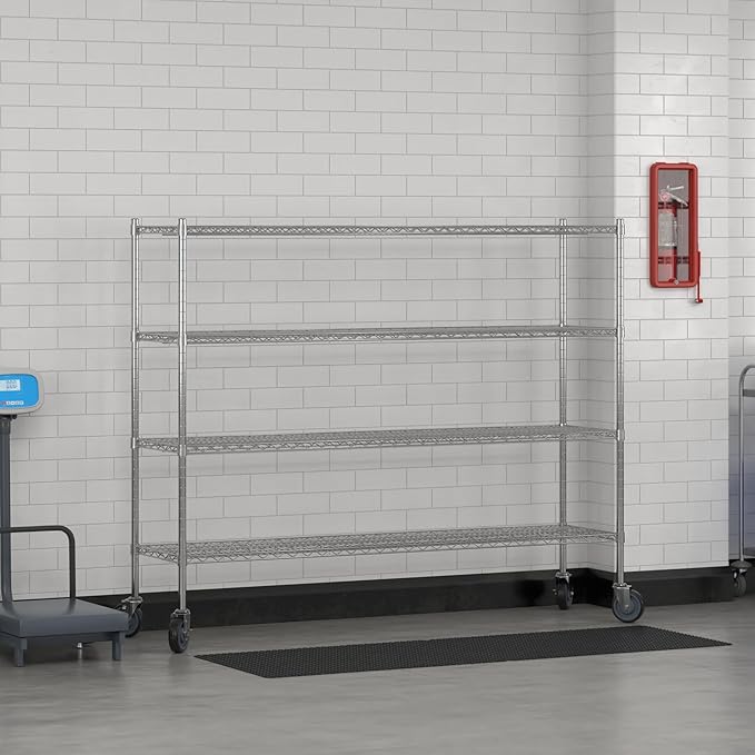 Commercial NSF Listed Chrome Mobile Wire Shelving Kit 18 x 72 x 60 with 4 Shelves Perfect for Warehouse Walk-in Refrigerator Freezer Grocery Store Restaurant Dishroom