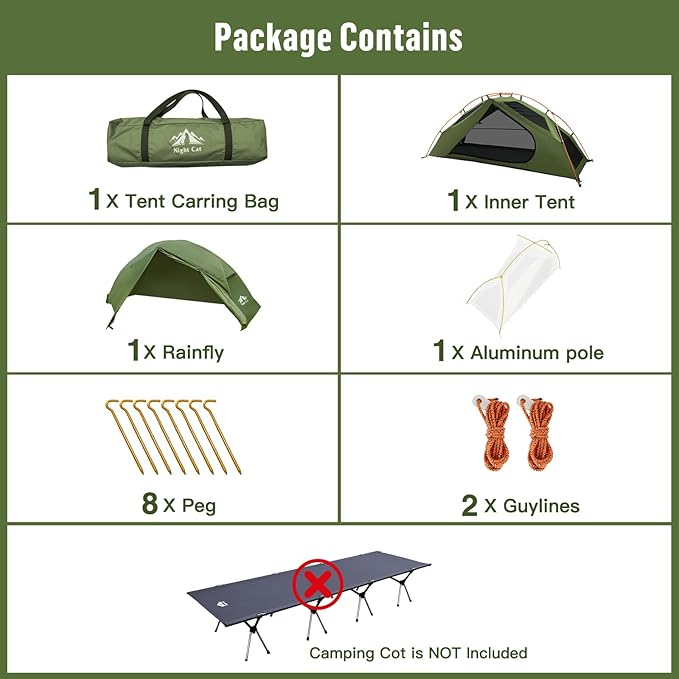 Night Cat 1-Person Camping Tent: Lightweight Waterproof Hiking Tent for Adult Cot Not Included