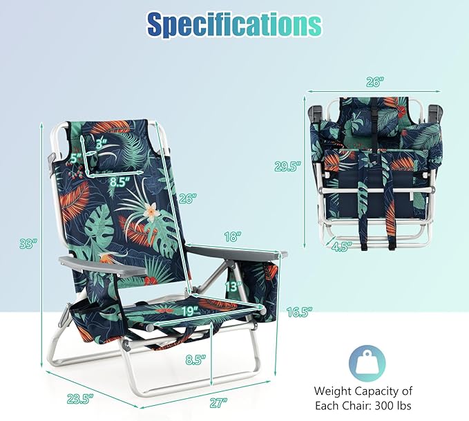 GYMAX Beach Chairs Backpack Camping Chair with Armrest Cooler Bag Cup Holder Towel Bar &amp Side Pockets Sunbath Sling Tanning Lounge Folding Layout Chair (Without Table Flower)