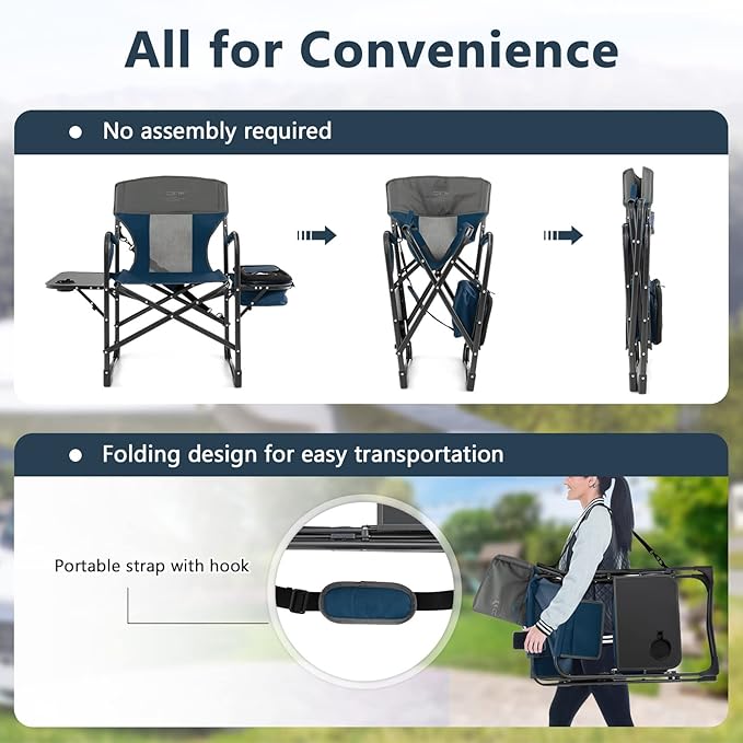 COSTWAY Folding Camping Chair Heavy-Duty Director Chair Supports 400lbs for Adults with Side Table Cooler Bag Storage Strap Portable Makeup Chair Suitable for Fishing Picnic
