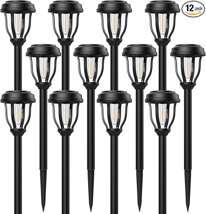 DERAYSION 12 Pack Solar Lights Outdoor Solar Pathway Lights Auto On/Off Waterproof Garden Landscape Lighting for Path Yard Walkway Driveway Cold White