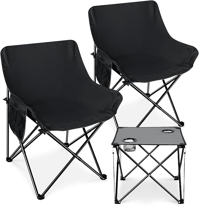Leonyo 2 Pcs Portable Camping Chairs for Adults Oversized Lawn Chair with Folding Camping Table for Outdoor Sports Fishing Rv Travel Beach Picnic – Black