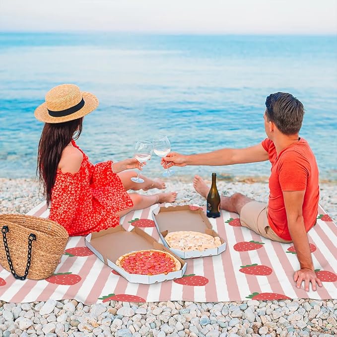 Strawberry Strip Lightweight Beach Blanket Waterproof Sandproof 59X68 Sand Free Beach Mat with 4 Stakes Compact Outdoor Blanket for Beach Quick Drying Picnic Mat for Travel Camping