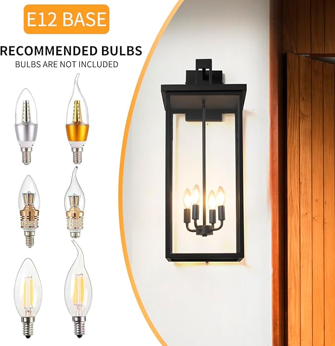 26 in Large Outdoor Wall Lantern Modern Matte Black Exterior Light Fixtures for House with Clear Glass Shade Large Outdoor Light Fixtures Wall Mount E12 Base Garage &amp Porch Wall Light
