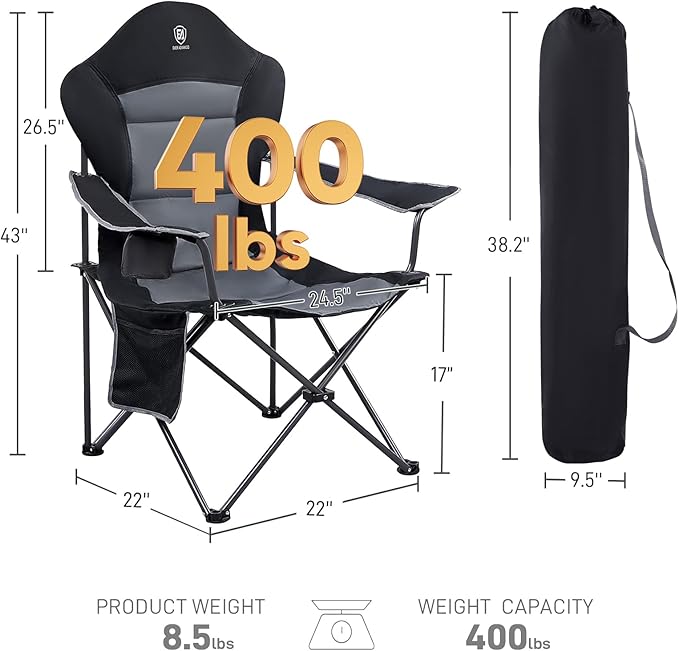 EVER ADVANCED Folding Camping Chair with High Back Padded 2 Pack Oversized Portable Lawn Chairs Lightweight Sturdy Steel Foldable Outdoor Camp Chair for Adults Black