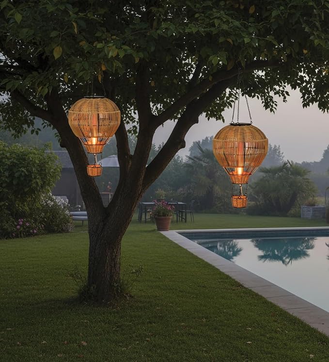 Regal Art &amp Gift Hot Air Balloon Solar Lantern – Hanging Solar-Powered LED Lights Waterproof Portable Decorative Outdoor Lamp Made of Metal &amp Glass for Garden Patios &amp Pathway – Wicker (