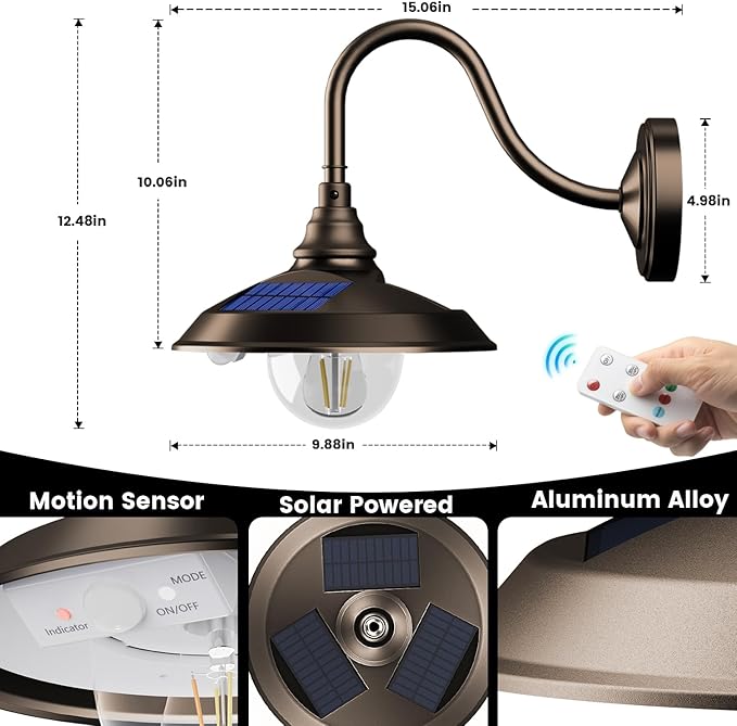 SIEDiNLAR Solar Barn Light Outdoor 3 Modes 2 Lighting Aluminum Gooseneck Wall Light Vintage Farmhouse Waterproof with Remote &amp Motion Sensor for Barn Garage Shed Chicken Coop Dark Bronze (1 Pack)