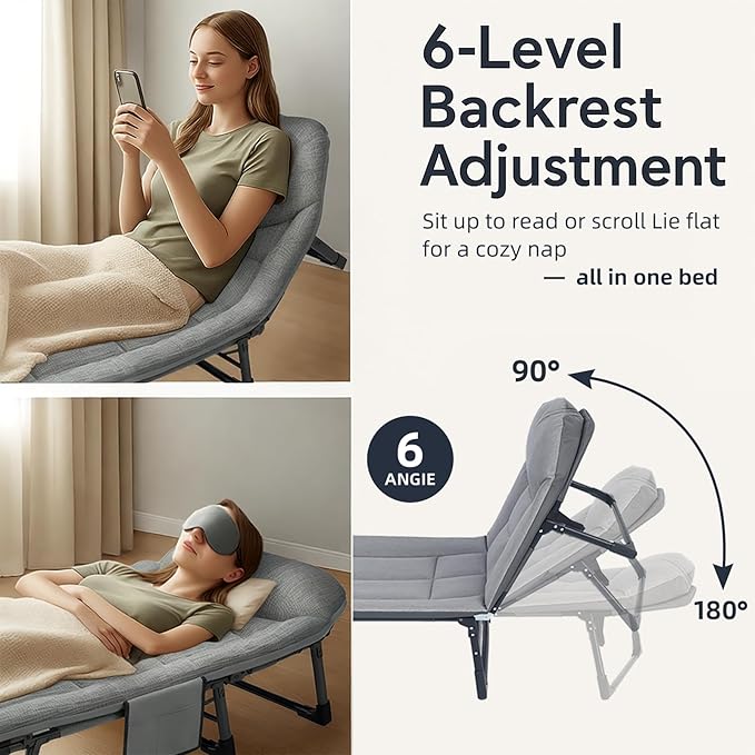 Chaise Lounge Chair Folding Cot 6-Angle Adjustable Camping Cot with Mattress for Patio and Beach Foldable Bed Portable Heavy Duty Lay Flat Reclining with Pillow (Grey XL - 80)