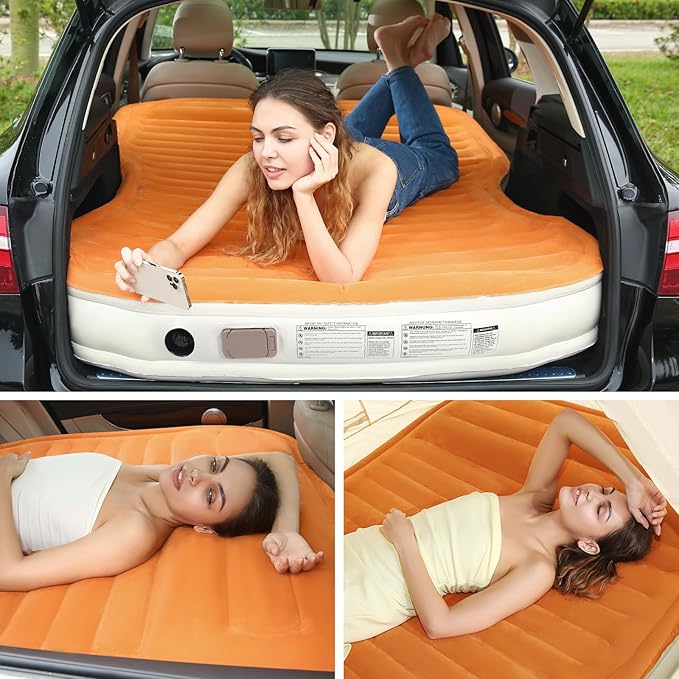KMZ SUV Air Mattress with Built-in Pump &amp 2 Pillows Thickened Flocked PVC Quick 90-Seconds Inflation Air Bed Portable &amp Durable Car Air Bed for Camping Travel Truck