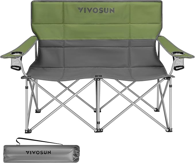 [outlets]VIVOSUN Double Camping Chair Fully Padded Folding Loveseat Portable Oversized Duo Chair with Storage Cup Holders Height-adjustable Armrests &amp Carry Bag Supports up to 500lbs Green &a