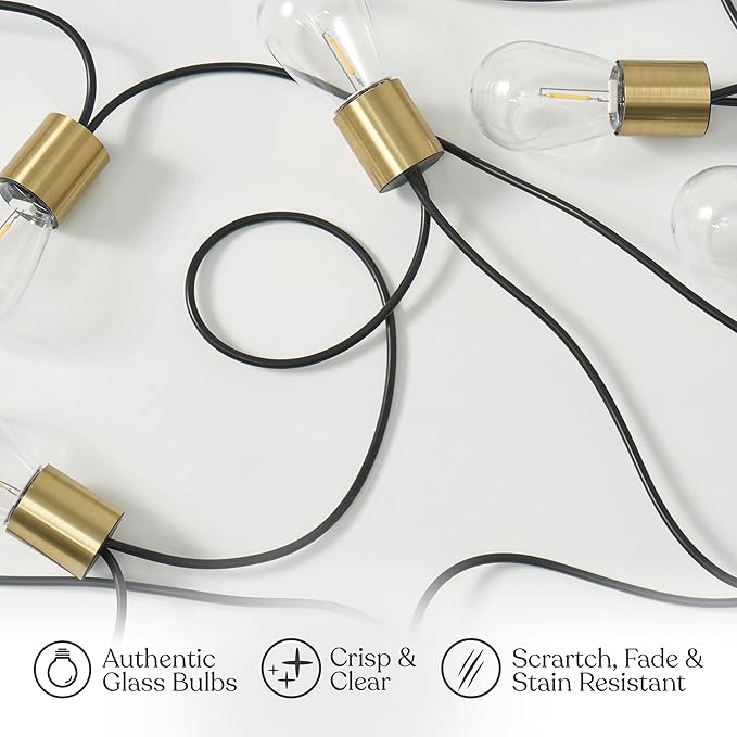 Brightech Glow Solar LED String Lights - Commercial Grade Waterproof Patio Lights with Beautiful Brass Accents - Shatterproof LED Solar Outdoor String Lights - 1W Soft White Light - 27 Ft