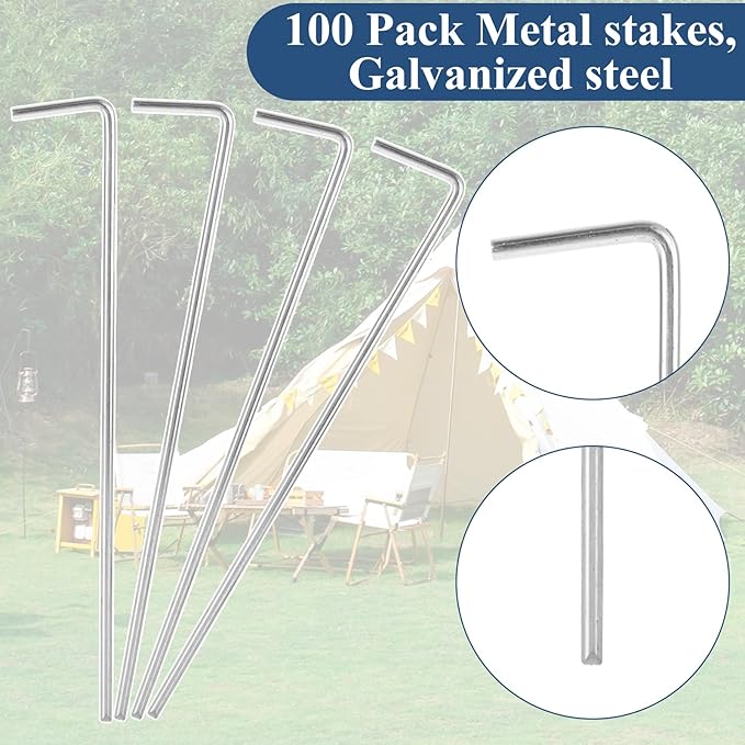 MIVIDE 100 Pack 8.26 inch Tent Stakes Galvanized Steel Metal Tent Stakes Pegs Garden Stakes Edging Fence Hooks Pegs for Camping Shelters Tarp Canopies Christmas Decoration Stakes