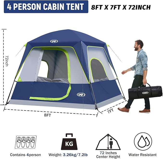 UNP 2/4/6/8 Person Tent Portable Cabin Tent Camping Tent 4-Person Easy Set Up Waterproof with Top Rainfly for Outdoor Camping/Hiking