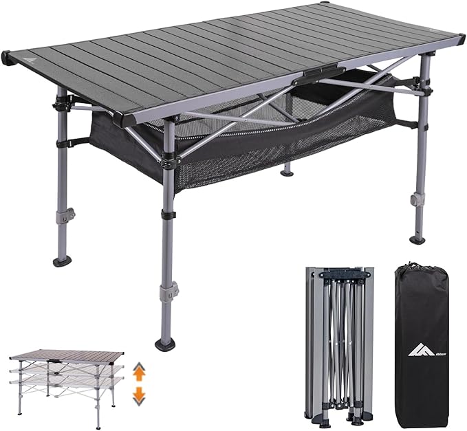 Ablazer Camping Table with Carry Bag Adjustable Height Portable Table for Outdoor Camping Picnic Beach Aluminum Picnic Roll-up Table for 4-6 Person