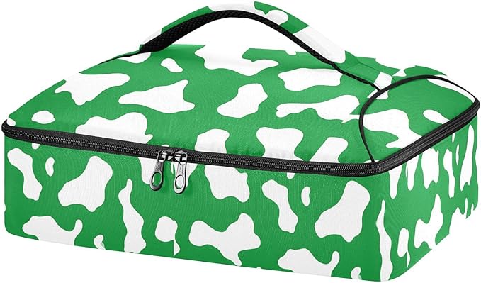 Casserole Carrier Green and White Cow Print PatternInsulated Casserole Carrier for Hot or Cold Food Thermal Lunch Tote for Potluck Parties Picnic Beach Fits 9 x 13 Inches Baking Dish