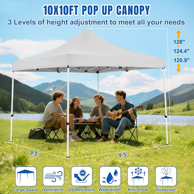 Yesker 10x10 Pop Up Canopy Tent with 4 Sidewalls Portable Folding Outdoor Canopy Easy Setup Gazebo Waterproof Instant Popup Shelter Tent w Wheel Carry Bag sandbags for Events Parties Camping White