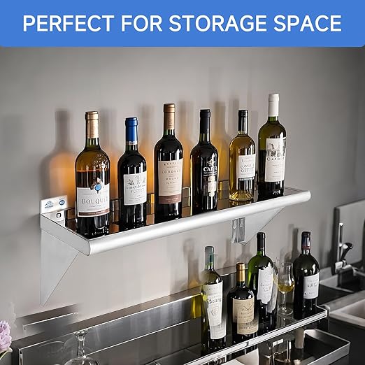 ROCKPOINT Stainless Steel Shelf 10 x 24 Inches 210lb 2 Pack NSF Metal Commercial Shelves Wall Mount Floating Shelving with Backsplash for Restaurant Kitchen Home and Hotel Silver