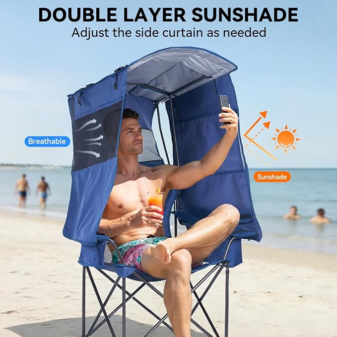 Camping Chair with Canopy Shade - Folding Beach Chair with UPF 50+ Sun Shade Cup Holder Side Pocket Portable Sports Chair for Adults Support 330 LBS Fishing Camp Outdoor Lawn Chair - Blue