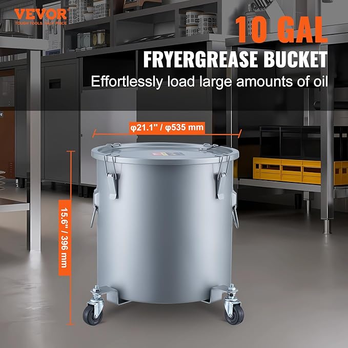VEVOR 10 Gallon Fryer Grease Bucket Oil Disposal Bucket Caddy on Wheels Rust-proof Coated Carbon Steel Fryer Oil Transport Container with Filter Bag Lid &amp Lock Clips for Cooking Oil Filtering