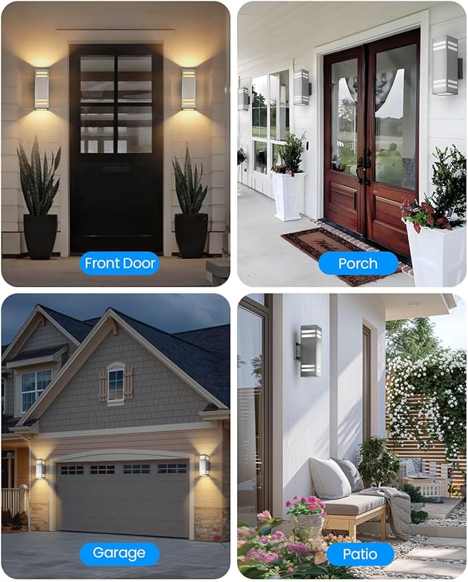 KIZON Modern Dusk to Dawn Outdoor Lighting 2 Pack Stainless Steel Up and Down Sconce with E26 Base Includes 3000K Bulbs Waterproof Exterior Lighting Fixtures Outdoor Lights for House Porch Garage