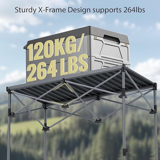 Anbte 34.2” Tall Camping Table Foldable 2 Adjustable Height Large Roll Up Camping Table Support 264lbs with Storage Basket and Bag Waterproof for Travel BBQ Outdoor Patio 39.4” x 19.7” Black