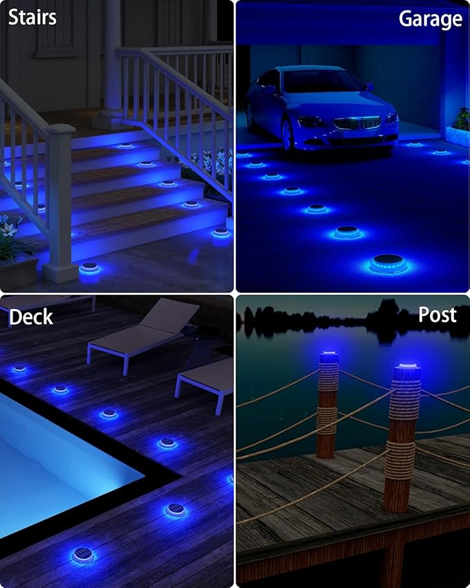 6 Packs Solar Driveway Lights Blue Dock Deck Lights Solar Powered Outdoor IP68 Waterproof Stick on Light for Step Stair Driveway Pool Pathway Walkway Patio