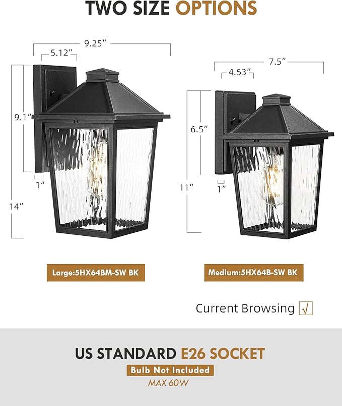 Outdoor Wall Sconce 2 Pack HWH Exterior Wall Lighting Fixtures with Water Ripple Glass Industrial Outdoor Porch Lights Wall Mounted for House Patio Matte Black 5HX64B-2PK-SW BK