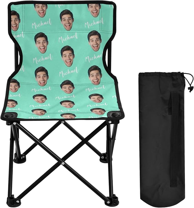 Sinestour Teal Custom Photo Folding Camping Chair for Teen Child Personalized Name 14.6×14.6in Portable Outdoor Chair with Carry Bag for Beach Picnic Travel